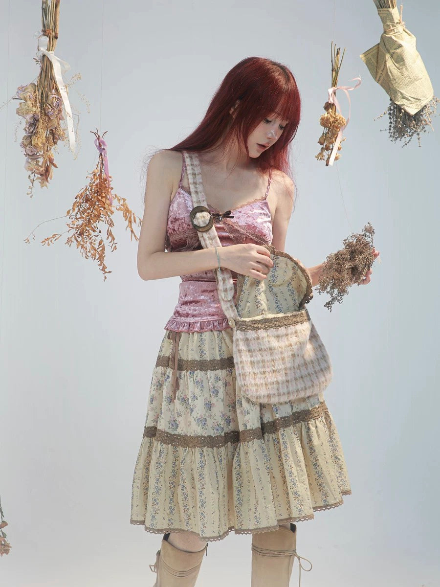 Rose Island Deer collection fawn pattern print cross body shoulder bag on model - with open bag looking