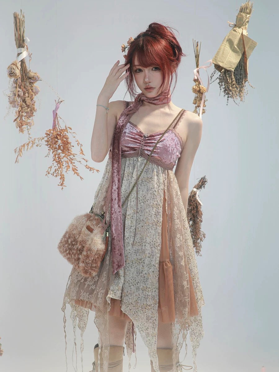 Rose Island Deer collection fawn pattern print faux fur handbag model wear as cross body bag with bohemian style dress