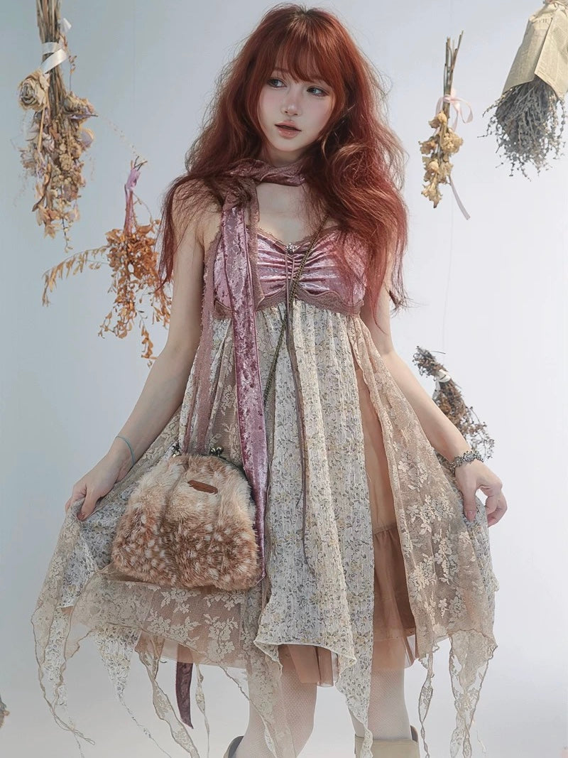 Rose Island Deer collection fawn pattern print faux fur handbag model wearing as cross body bag with bohemian style dress match
