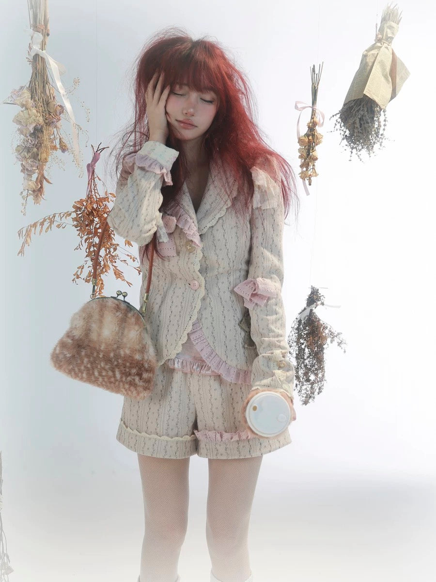 Rose Island Deer collection fawn pattern print faux fur handbag model wearing as handbag and match suits