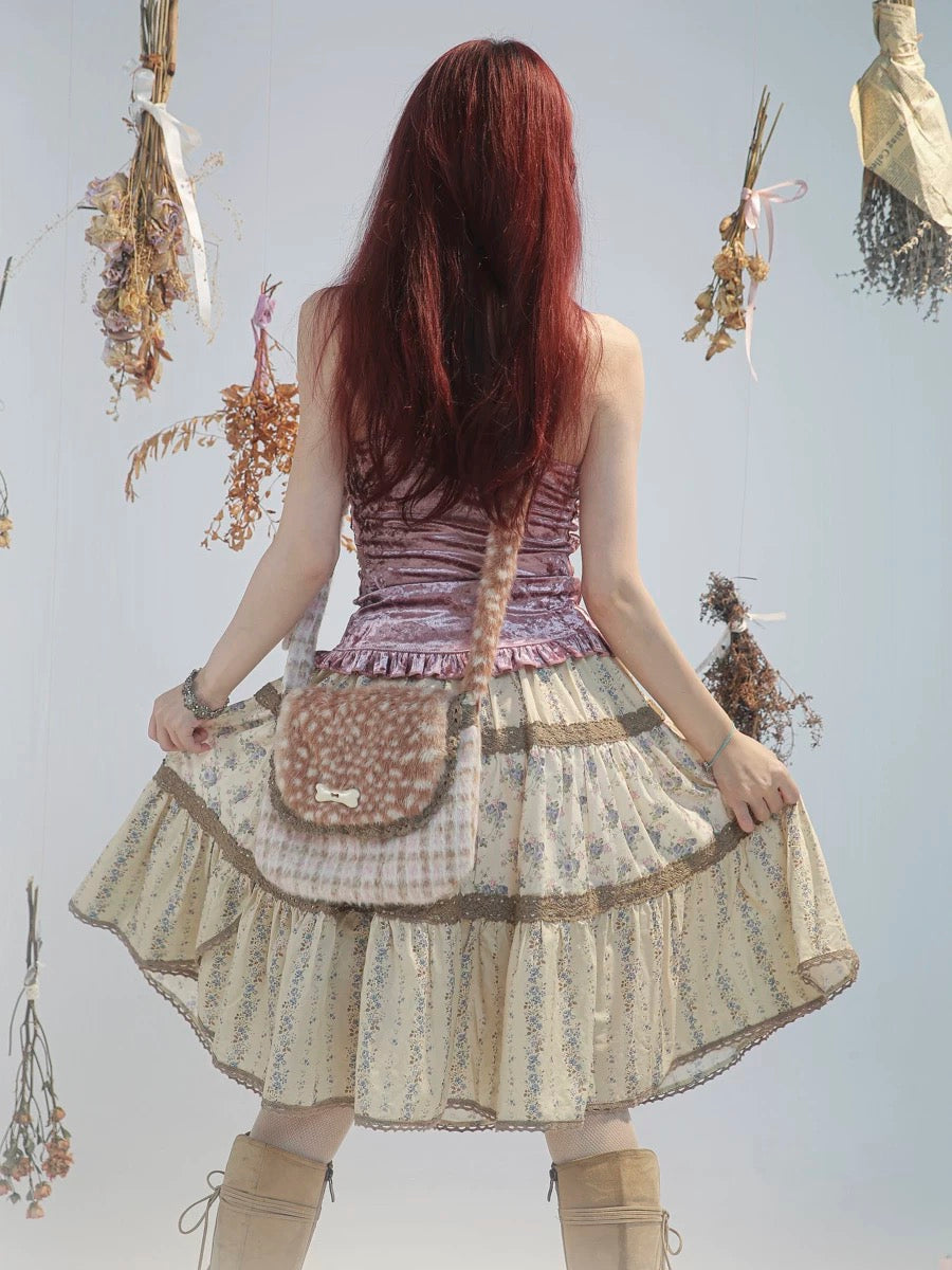 Rose Island Deer collection fawn pattern print cross body shoulder bag on model - back side