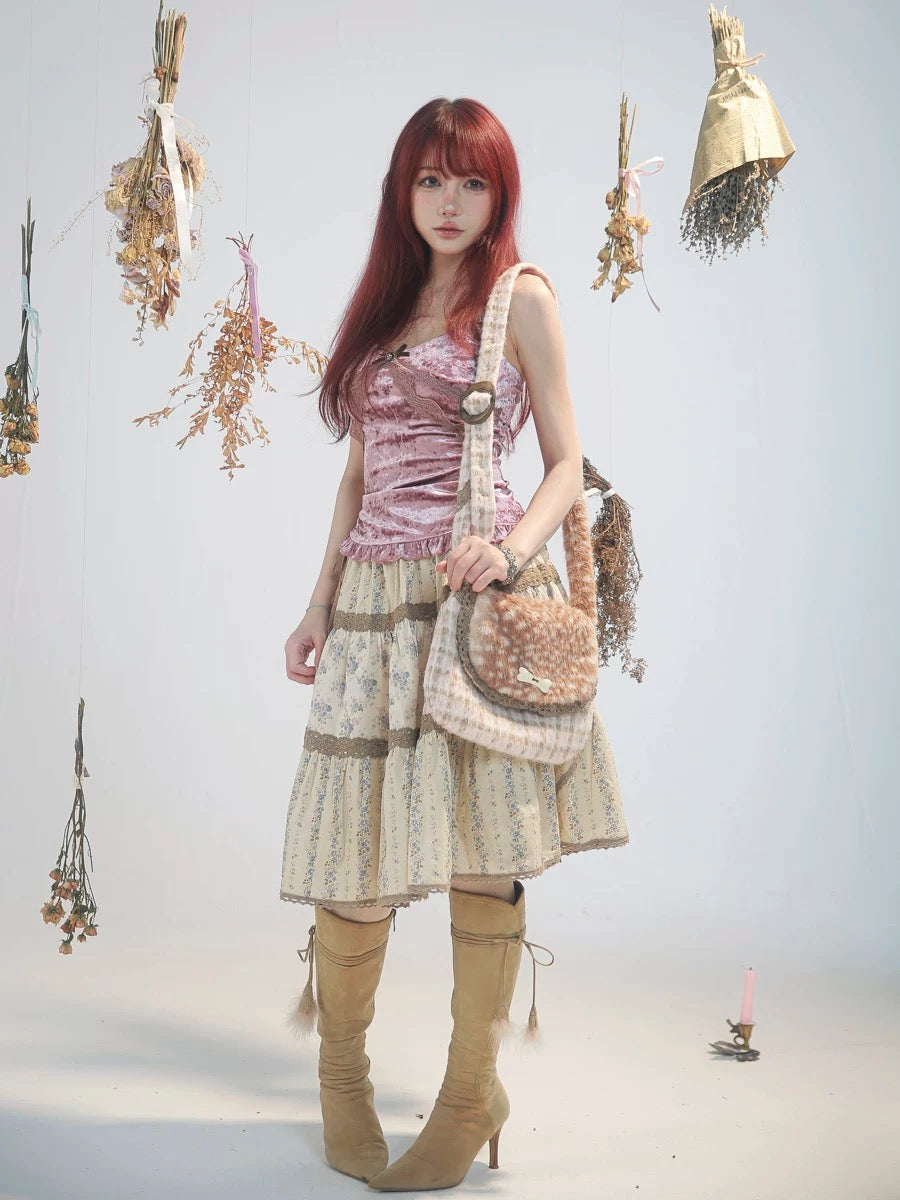 Rose Island Deer collection fawn pattern print bag wearing on one shoulder look