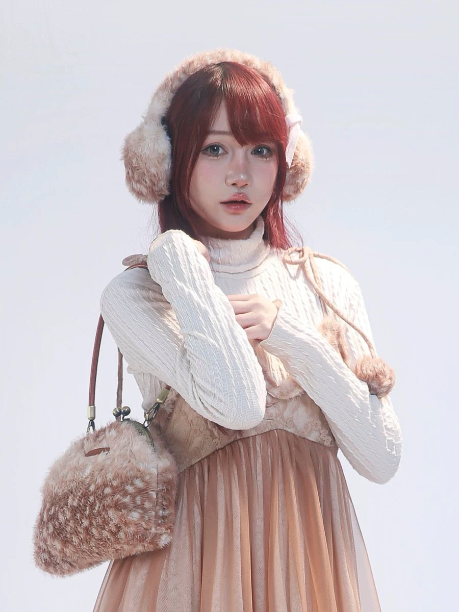 Rose Island Fairy Spirit Little Deer in flower field faux fur earmuffs ear warmer wear it on model with matching deer handbag styling