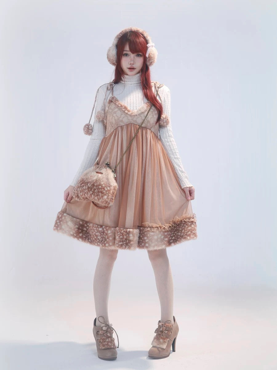 Rose Island Fairy Spirit Little Deer in flower field faux fur earmuffs ear warmer on model with front overview