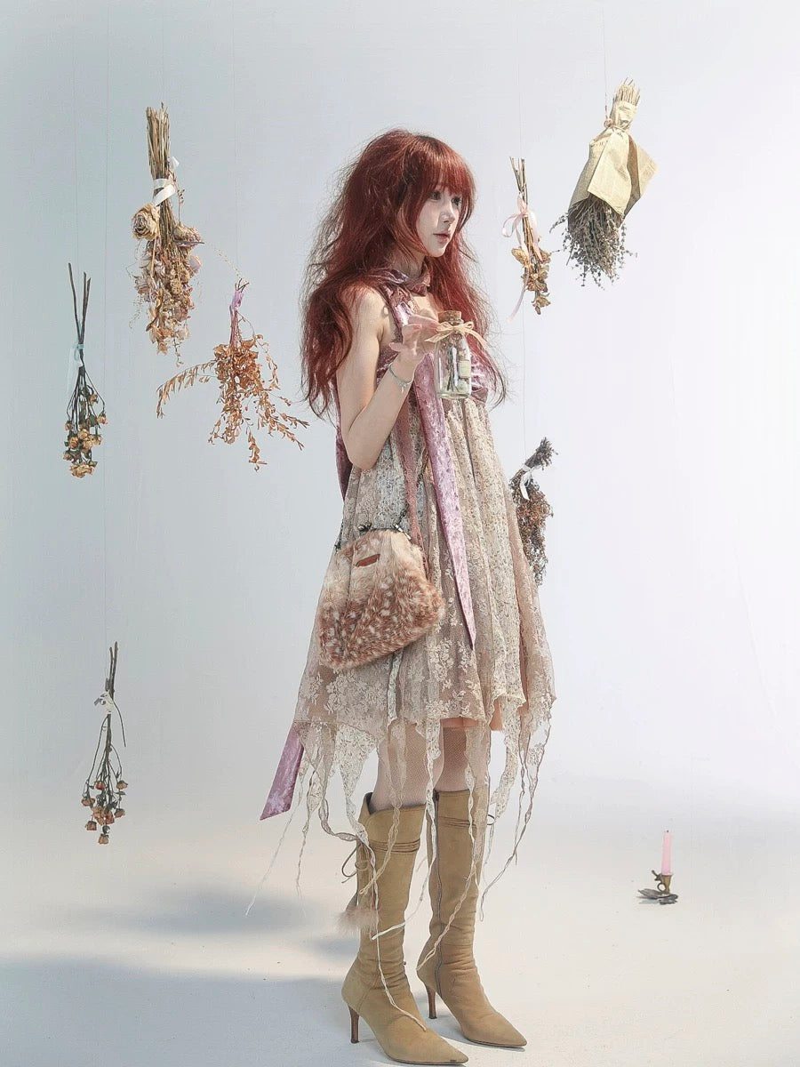 Rose Island Deer collection fawn pattern print faux fur handbag model wear as shoulder bag side view