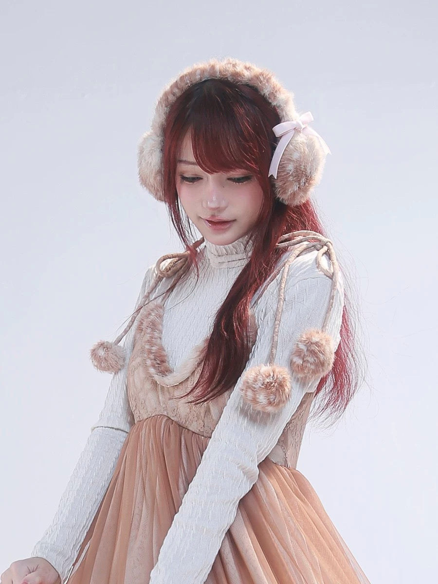 Rose Island Fairy Spirit Little Deer in flower field faux fur earmuffs ear warmer wear it on model