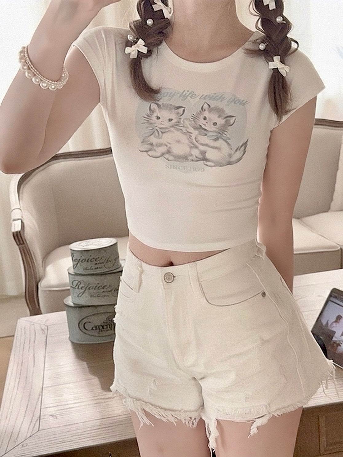 Get trendy with Angel Kitty Cotton Crop top - Sweater available at Peiliee Shop. Grab yours for $15 today!