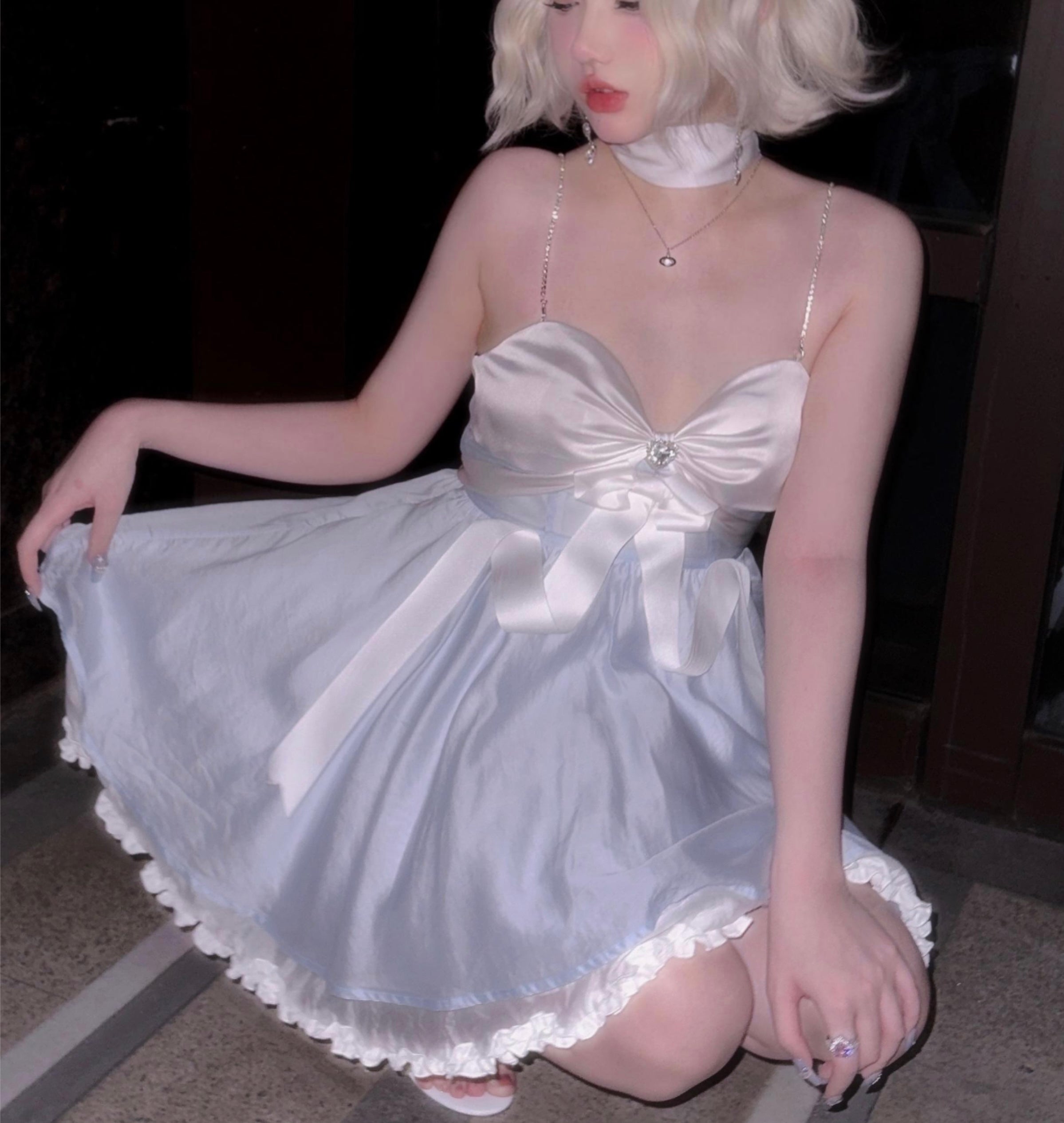 Get trendy with Moonlight Goddess Ribbon Mini Dress - available at Peiliee Shop. Grab yours for $45 today!
