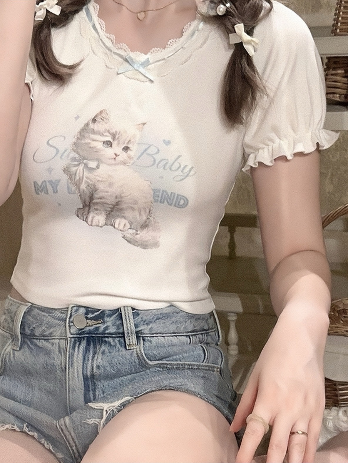 Get trendy with Kitty Babe Cotton T-shirt Top - Sweater available at Peiliee Shop. Grab yours for $16 today!