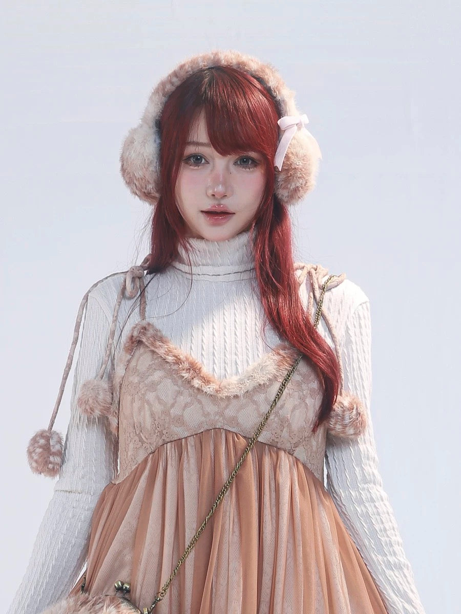 Rose Island Fairy Spirit Little Deer in flower field faux fur earmuffs ear warmer wear it on model front view