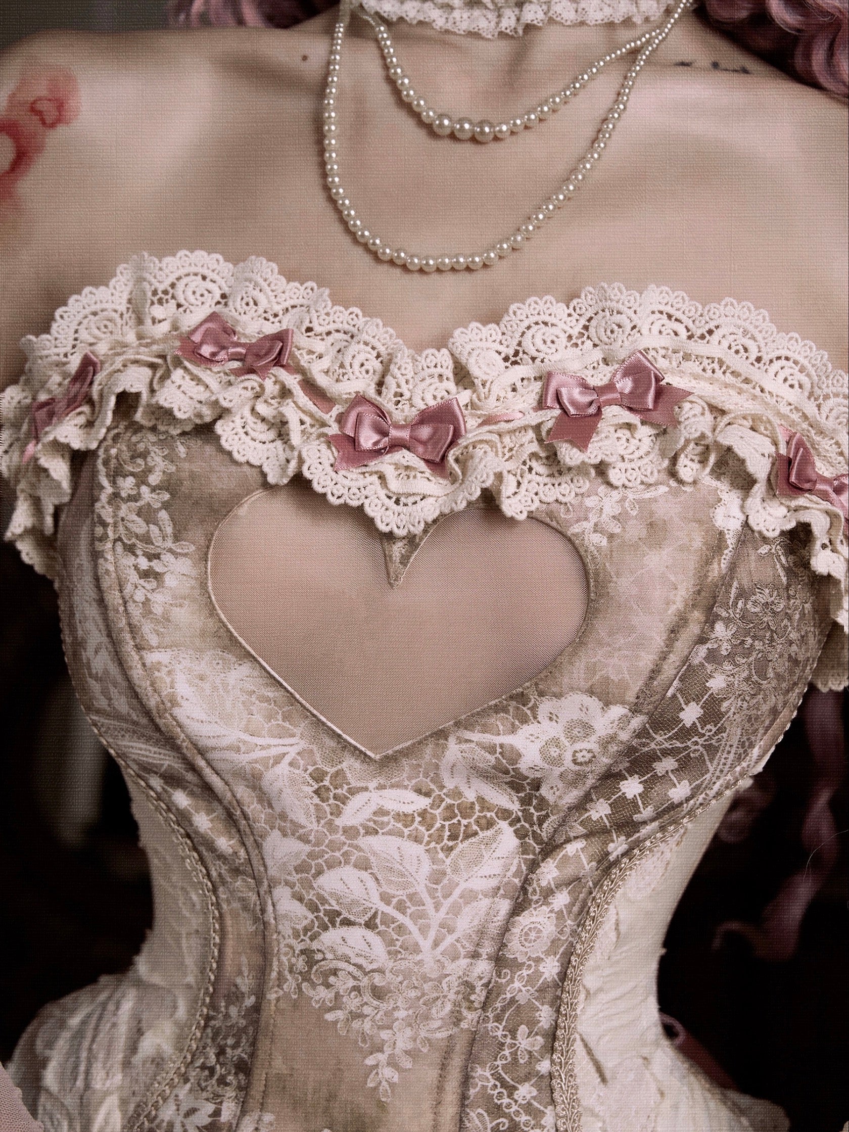 Lace corset with floral details and a pearl necklace and pink ribbons