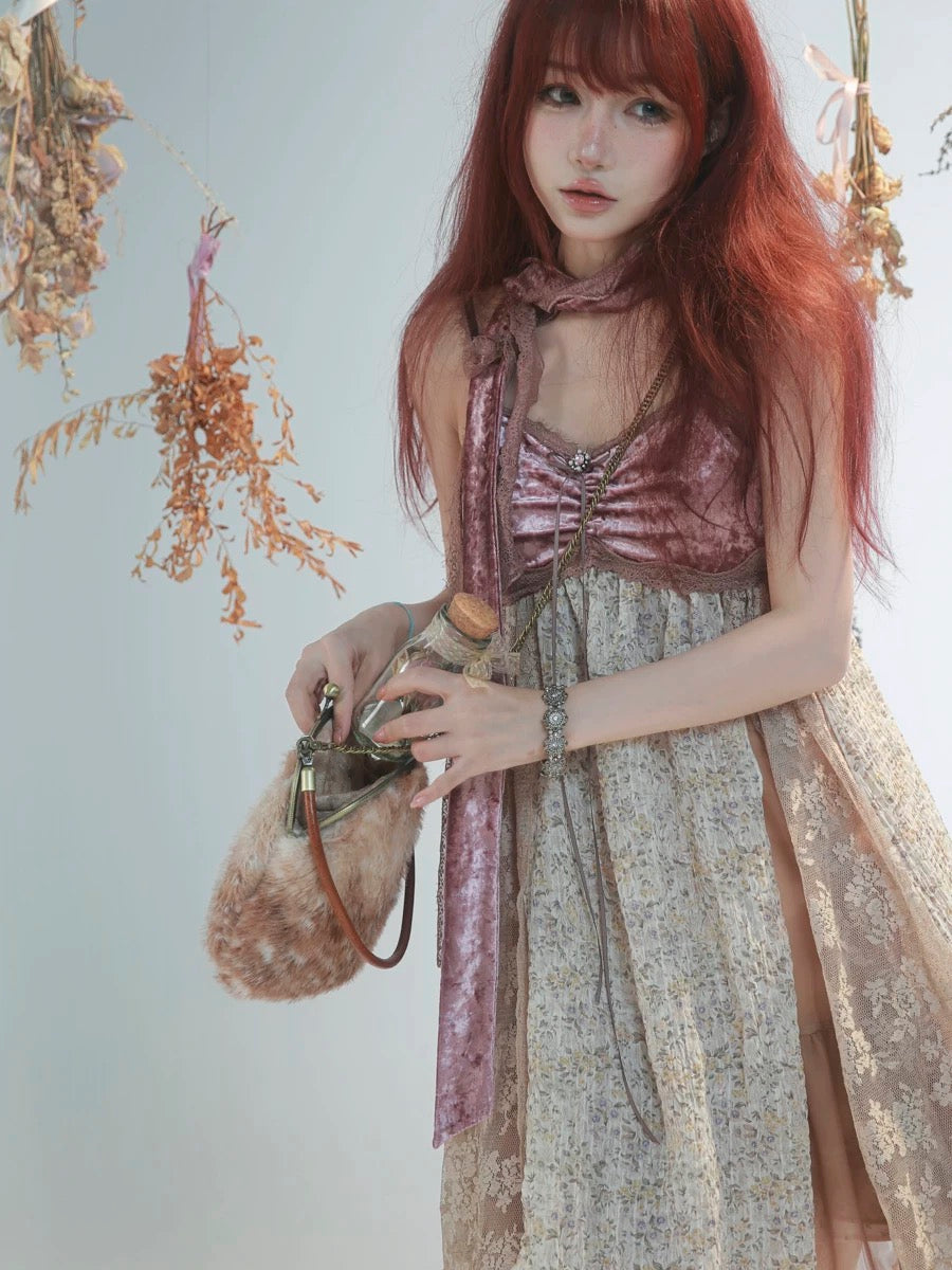 Rose Island Deer collection fawn pattern print faux fur handbag model putting bottle in the bag