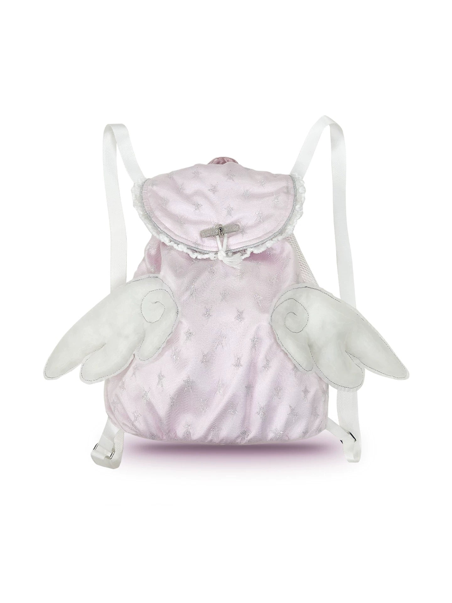 Light-pink Rosy Flying Backpack with gleaming star-patterned fabric and plush 3D angel wings, shown front-on against a white background.