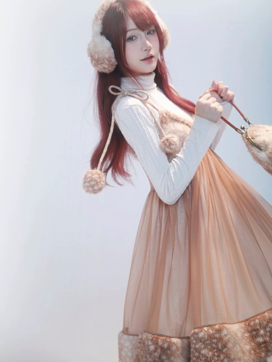 Rose Island Fairy Spirit Little Deer in flower field faux fur earmuffs ear warmer worn by model with side posting