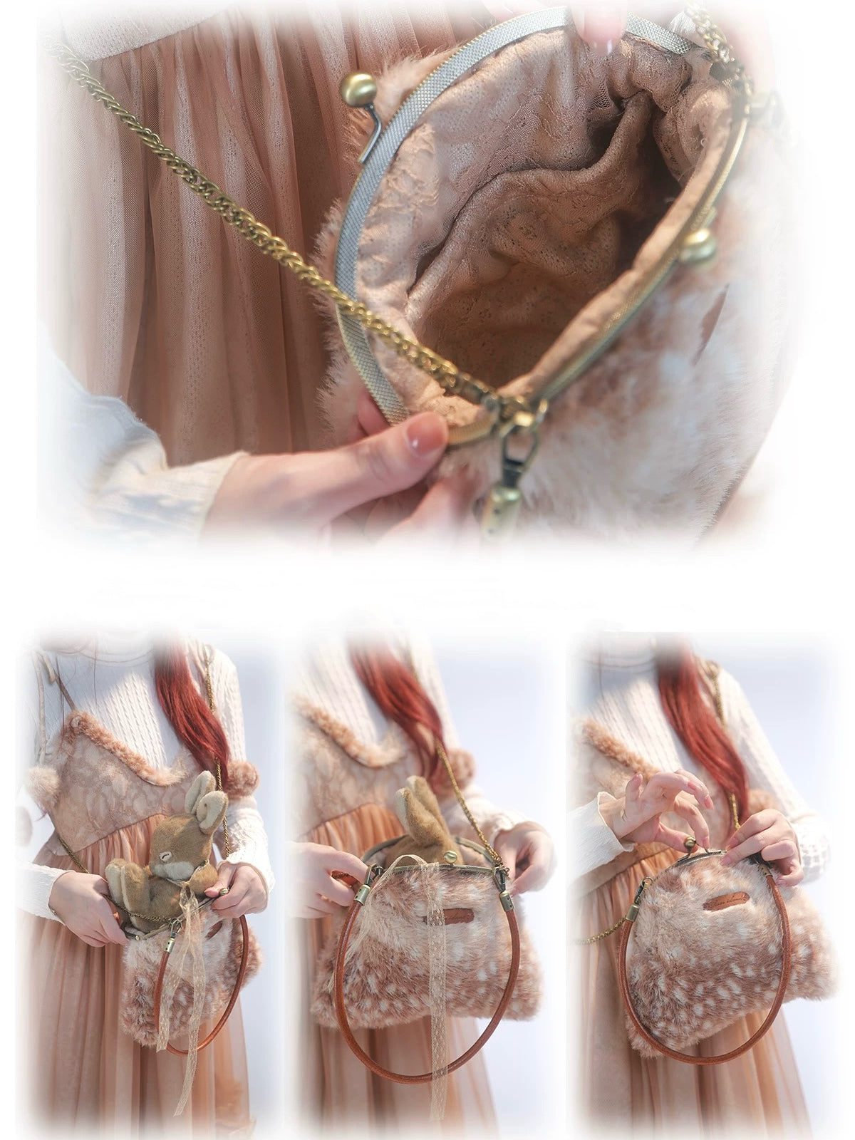 Rose Island Deer collection fawn pattern print faux fur handbag detailed look while opening it