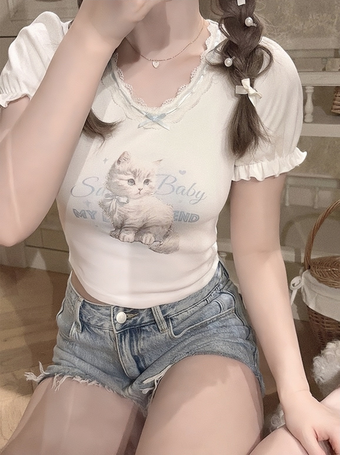 Get trendy with Kitty Babe Cotton T-shirt Top - Sweater available at Peiliee Shop. Grab yours for $16 today!