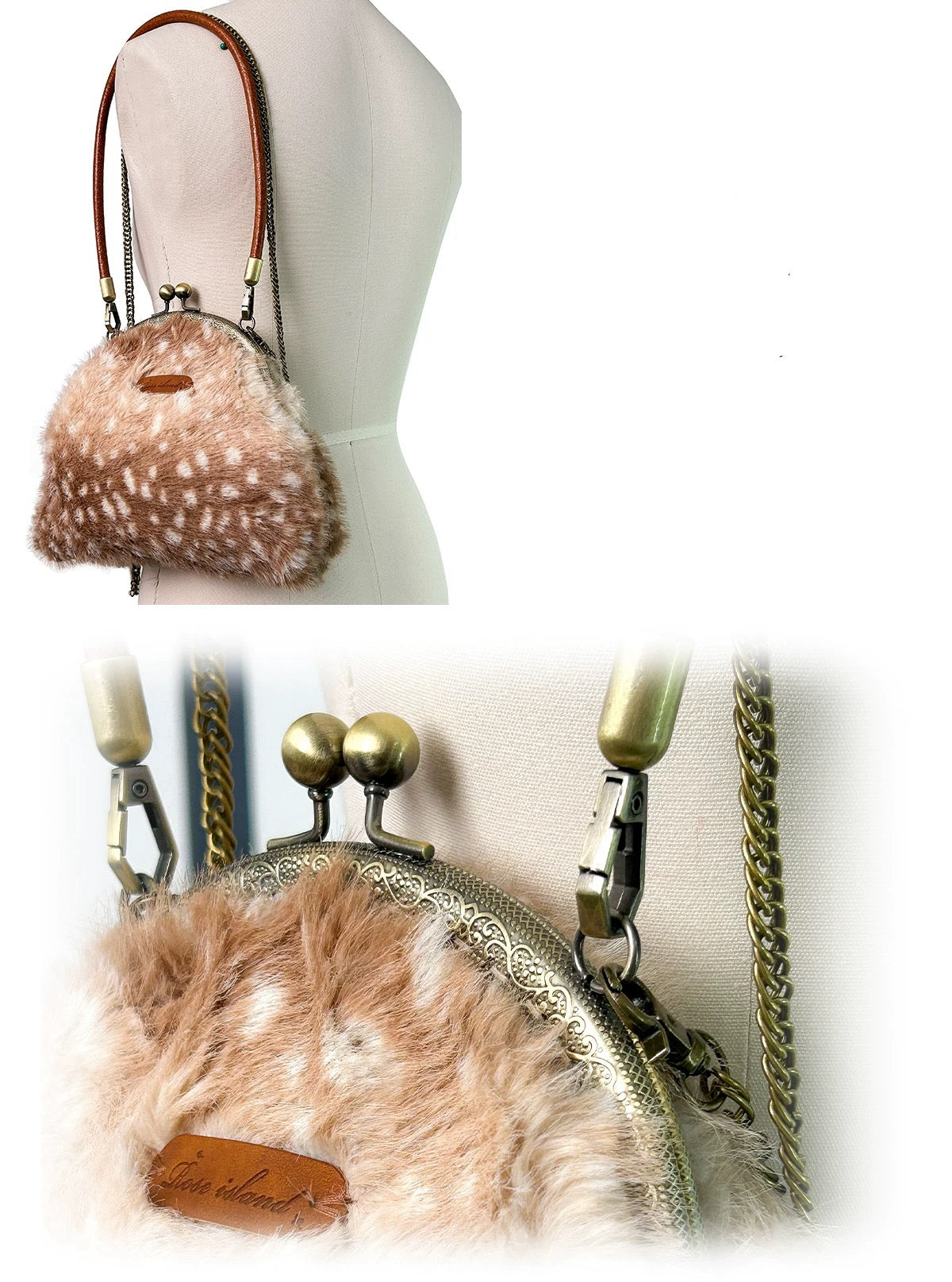 Rose Island Deer collection fawn pattern print faux fur handbag detailed look at metal parts