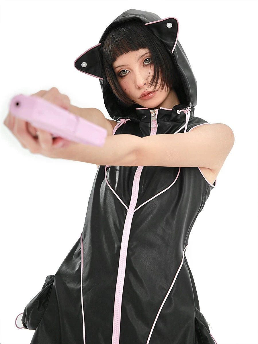 Person wearing a black and pink pu leather dress with cat ear outfit in gothic cyber style, holding a pink object for halloween
