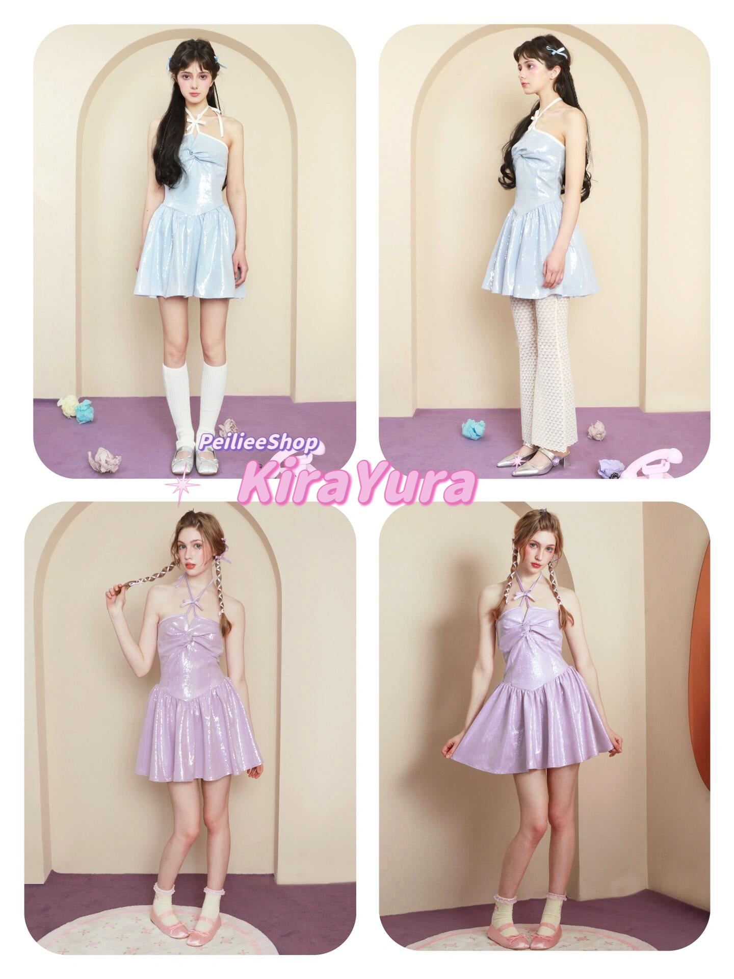 Four images of girls wearing pastel blue colored mini dress with a beige background and peilieeshop 'KiraYura' branding.
