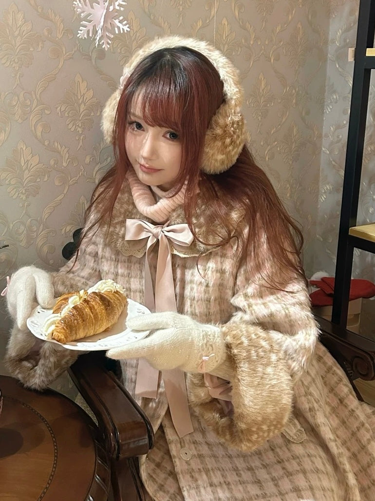 Woman in vintage outfit with faux fur fawn deer print coat and gloves holding a plate with bread.