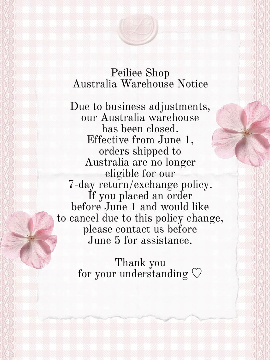 PeilieeShop Australia Warehouse Notice