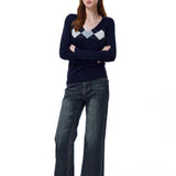 Reabobo Argyle Knit V-Neck Sweater