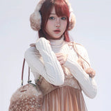 Rose Island Deer collection fawn pattern print faux fur handbag model wearing as arm bag with matching dress