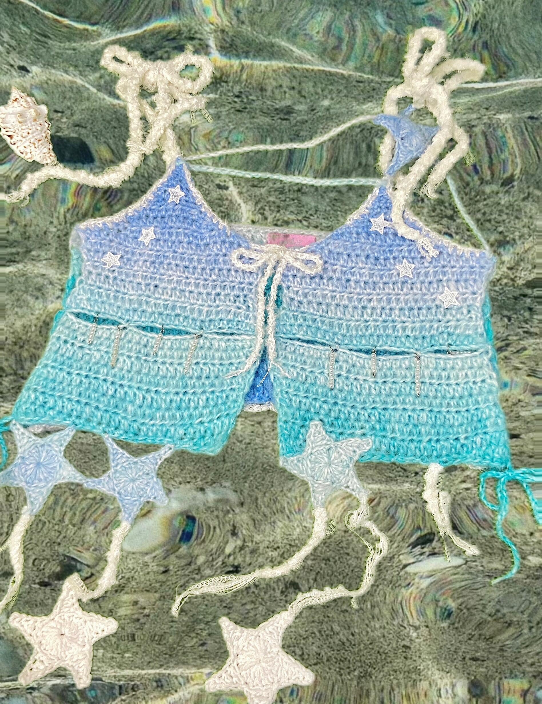 Get trendy with [Custimized Hand Knitted] Sea Kissed Mermaid Knitting Crop Top -  available at Peiliee Shop. Grab yours for $59 today!
