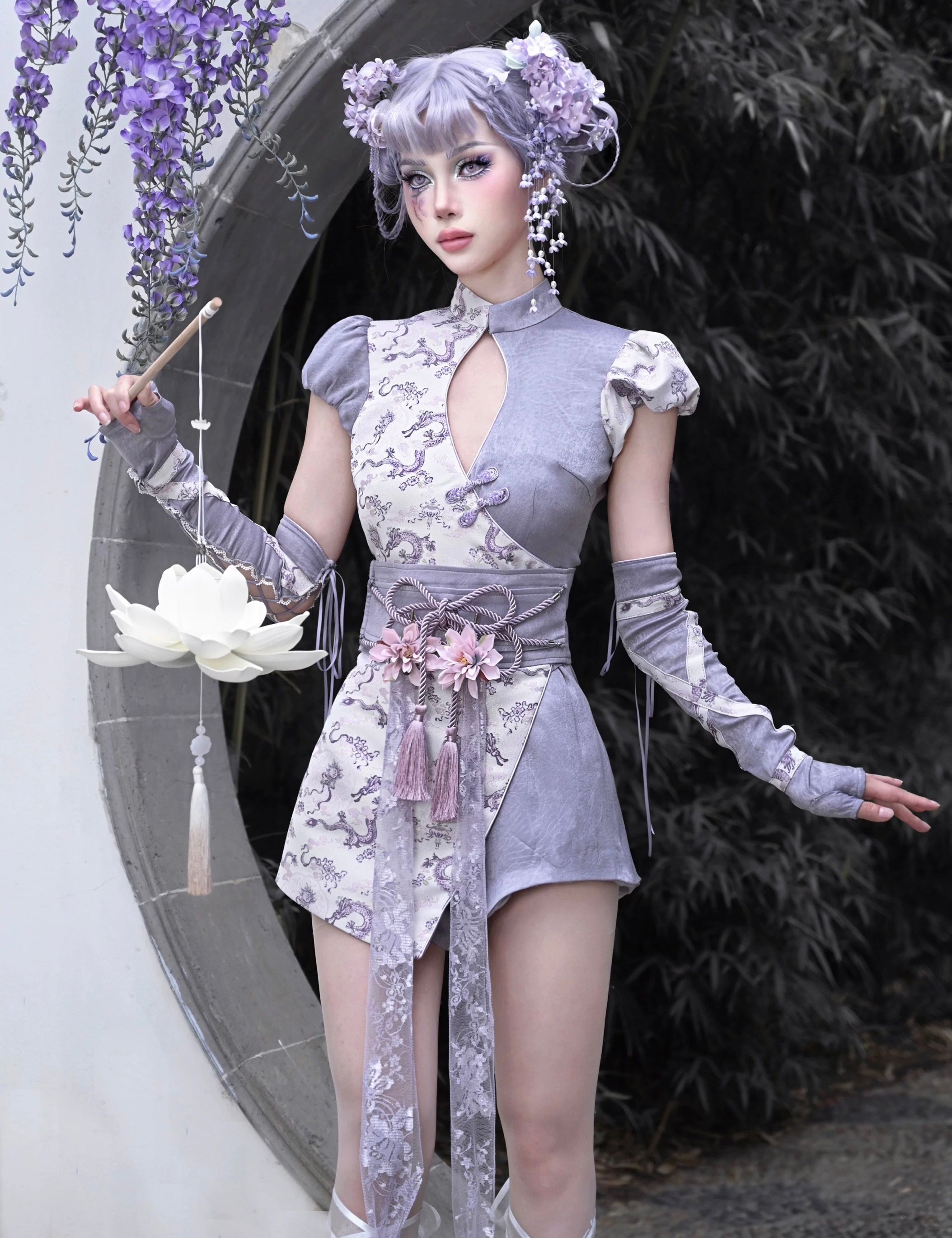 Get trendy with [Blood Supply] Dragon Wisteria Qipao Romper Jumpsuit - Romper available at Peiliee Shop. Grab yours for $35 today!