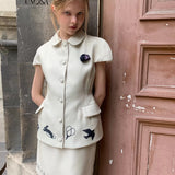 UNOSA Beige Bird & Floral Doll Collar Top and Mini Skirt Set