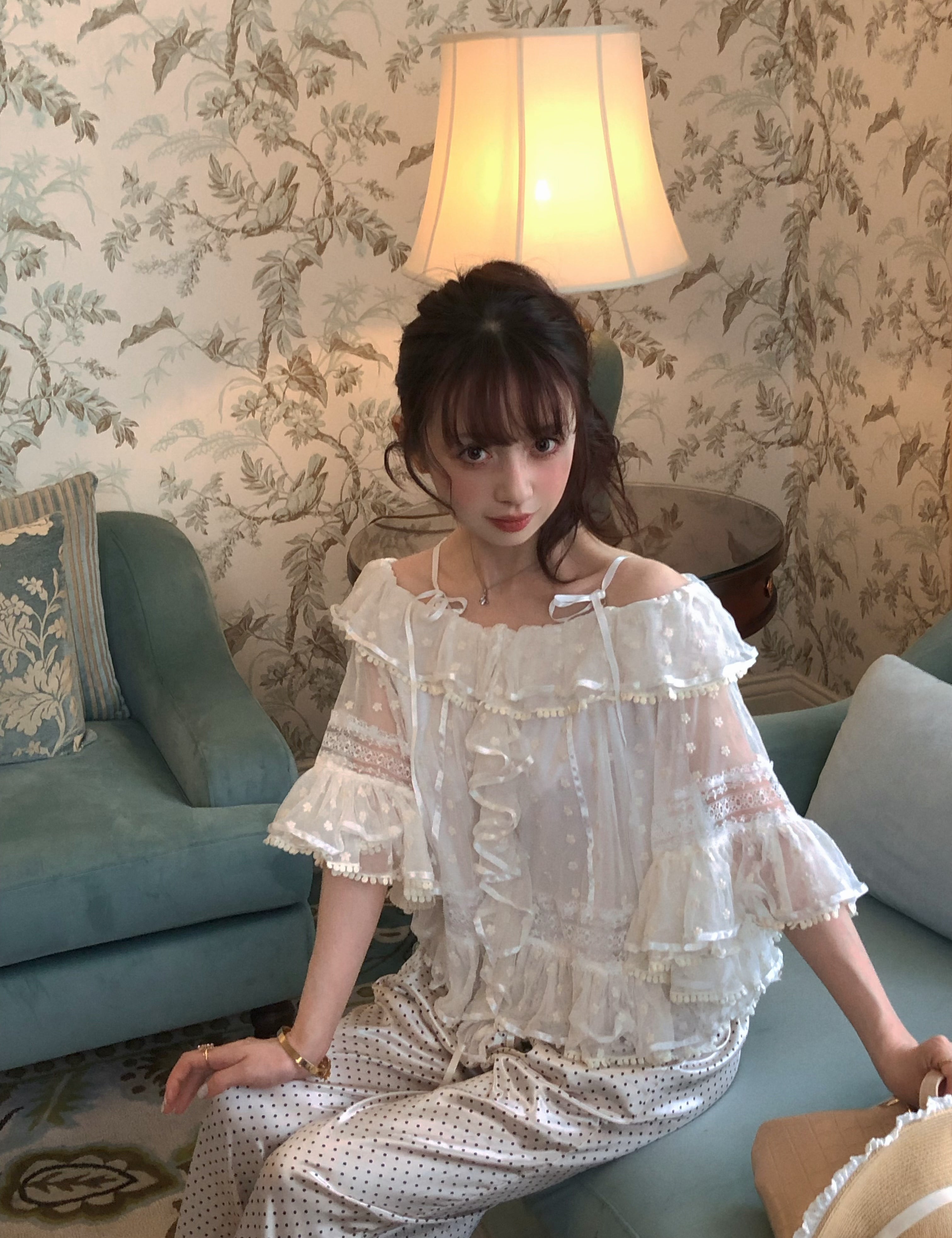 Rose Candy Summer Rose Cottage Morning Sweetie Lace Blouse and polka dots pants set