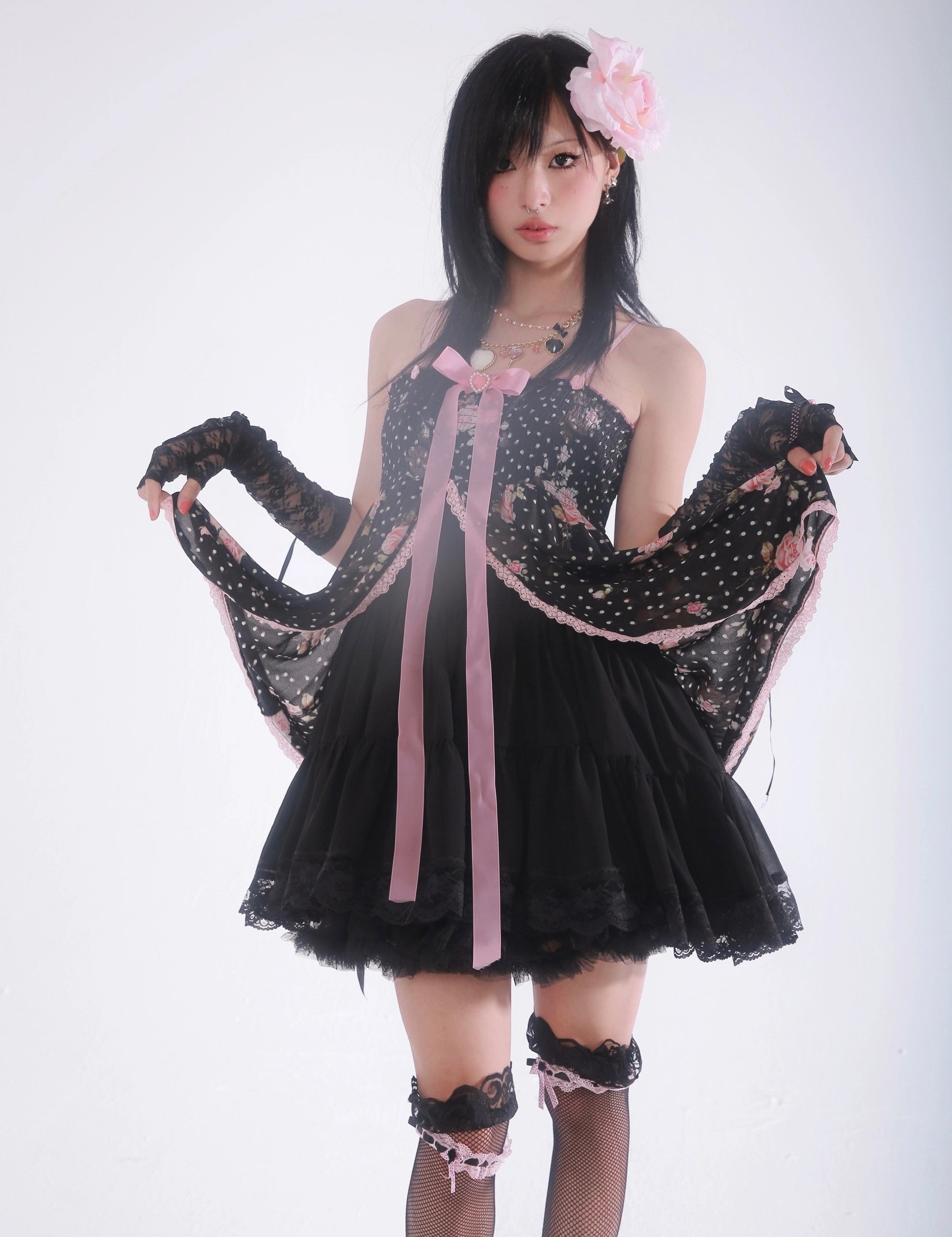 Get trendy with [Evil Tooth] Midnight Rose Gyaru Girl Floral Mini Dress - Shirts & Tops available at Peiliee Shop. Grab yours for $46 today!