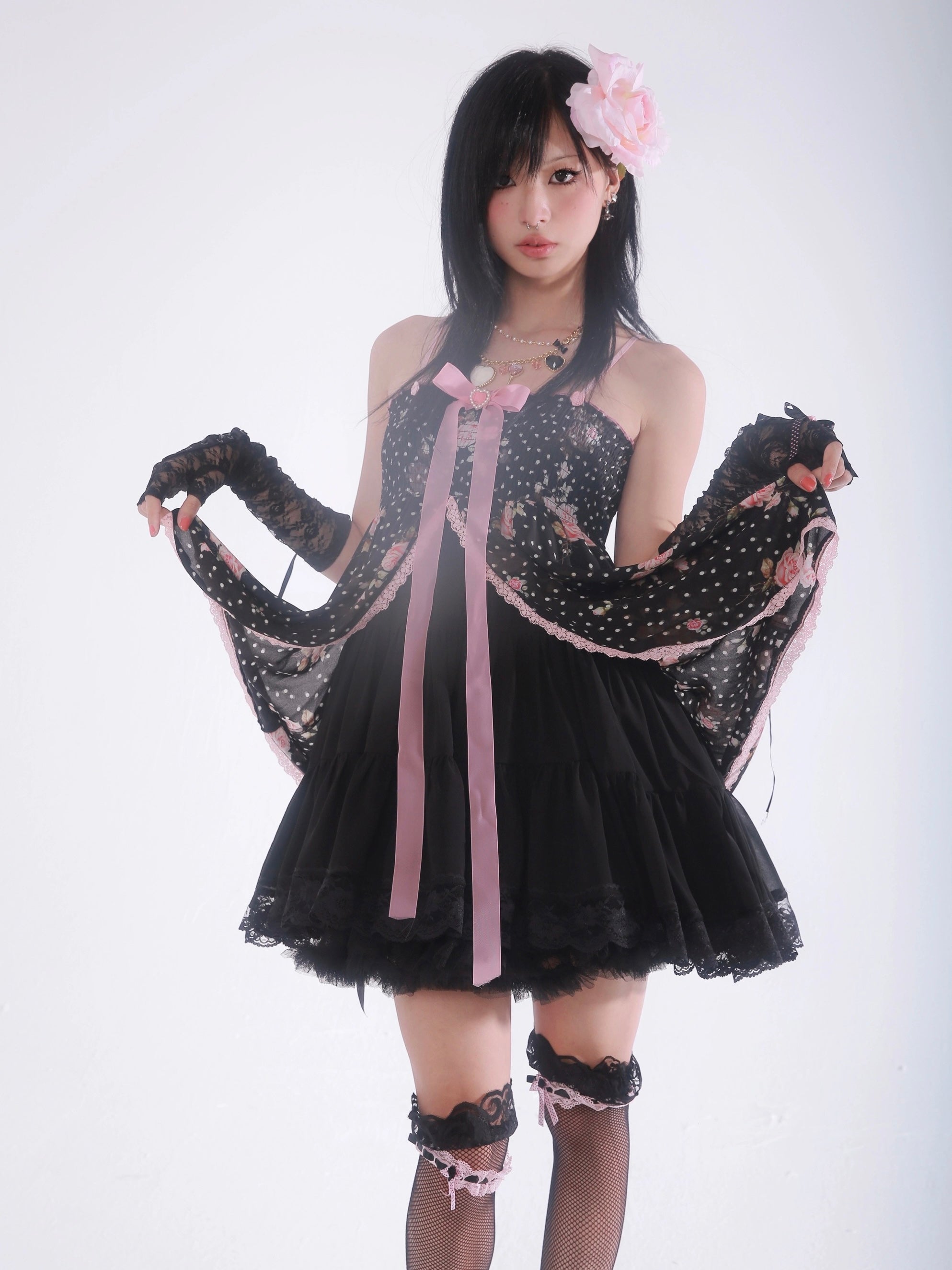 Get trendy with [Evil Tooth] Midnight Rose Gyaru Girl Floral Mini Dress - Shirts & Tops available at Peiliee Shop. Grab yours for $46 today!