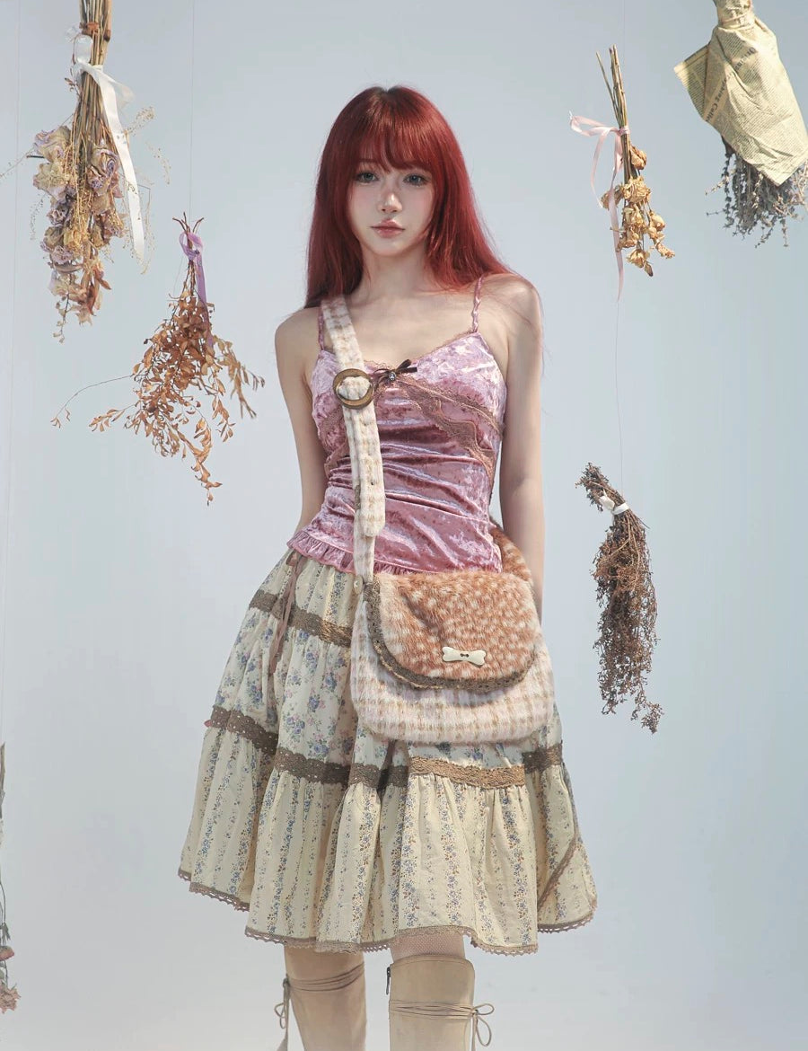 Rose Island Deer collection fawn pattern print cross body shoulder bag on model - front side