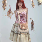 Rose Island Deer collection fawn pattern print cross body shoulder bag on model - front side