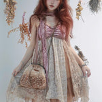 Rose Island Deer collection fawn pattern print faux fur handbag model wearing as cross body bag with bohemian style dress match 