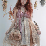 Rose Island Deer collection fawn pattern print faux fur handbag model wearing as cross body bag with bohemian style dress match 
