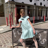 UNOSA Mint Satin Double-Breasted Pleated Dress