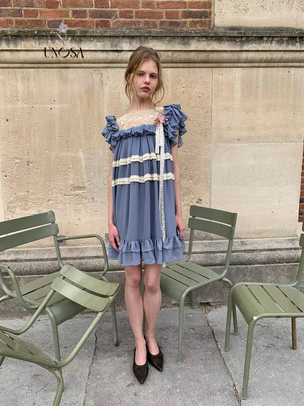 UNOSA Butterfly Moon Blue Chiffon Lace Trim Dress
