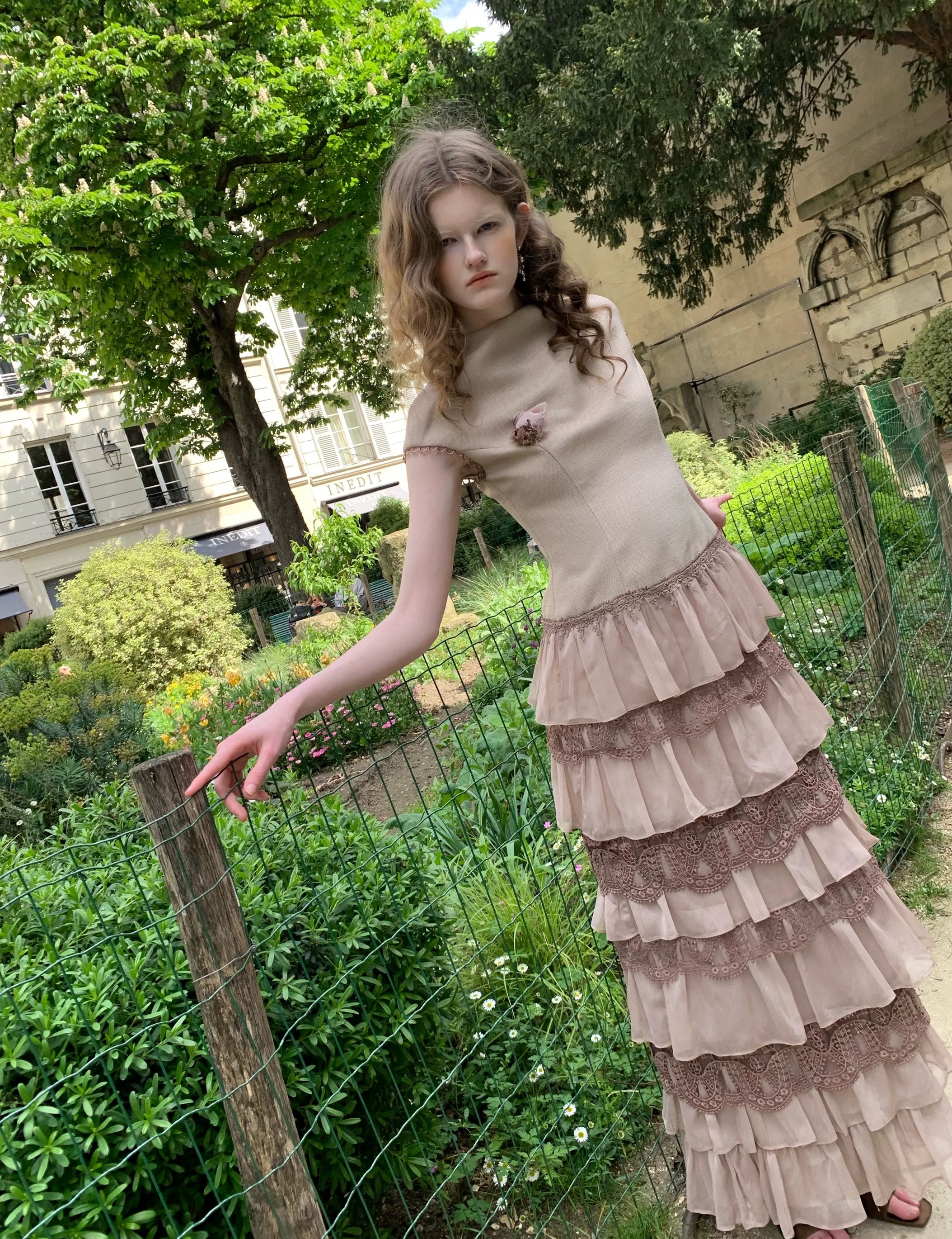 SPOII UNOSA Mocha Layered Chiffon Lace Midi Dress