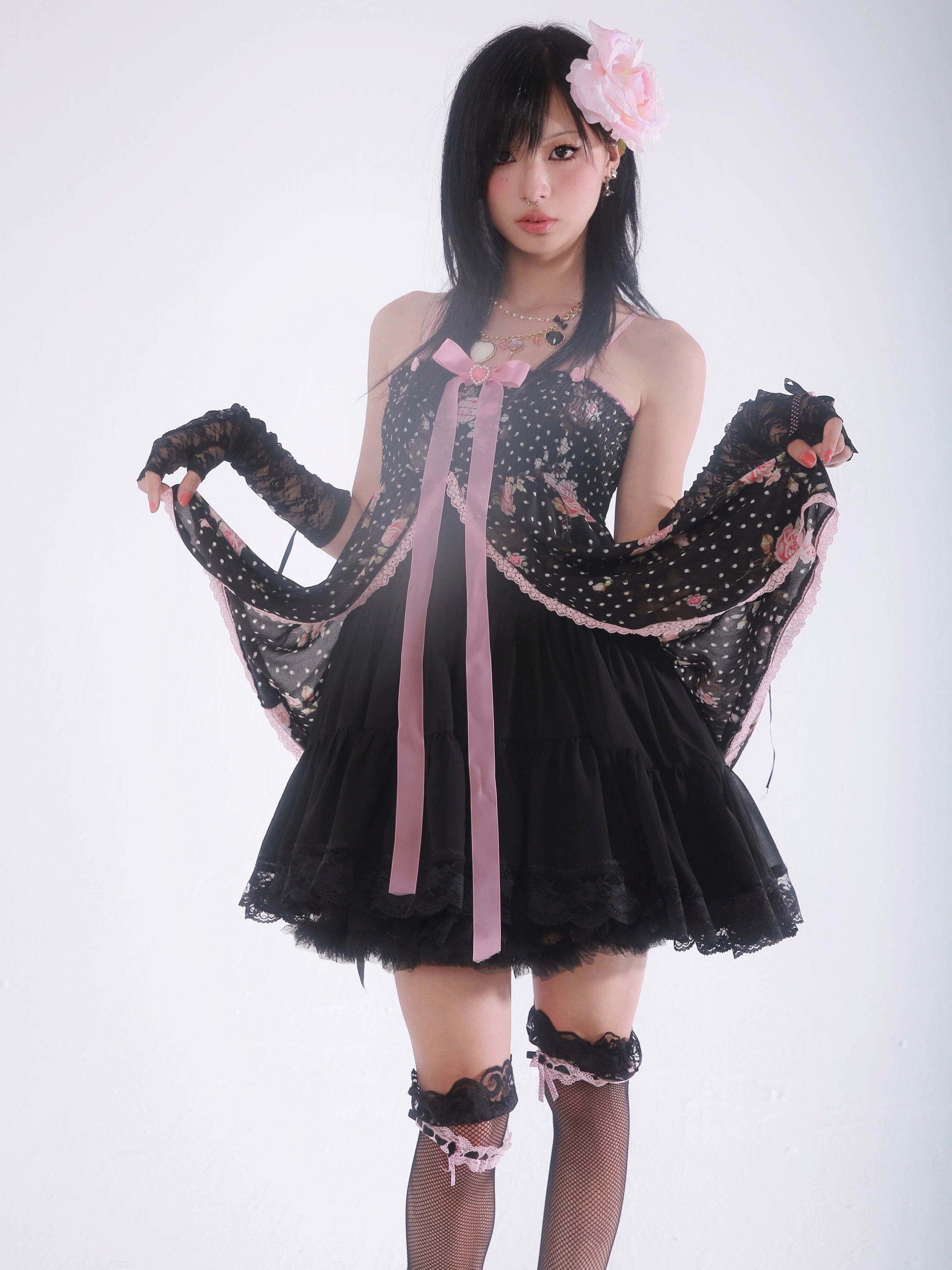Get trendy with [Evil Tooth] Midnight Rose Gyaru Girl Floral Mini Dress - Shirts & Tops available at Peiliee Shop. Grab yours for $46 today!