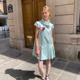 UNOSA Mint Satin Double-Breasted Pleated Dress