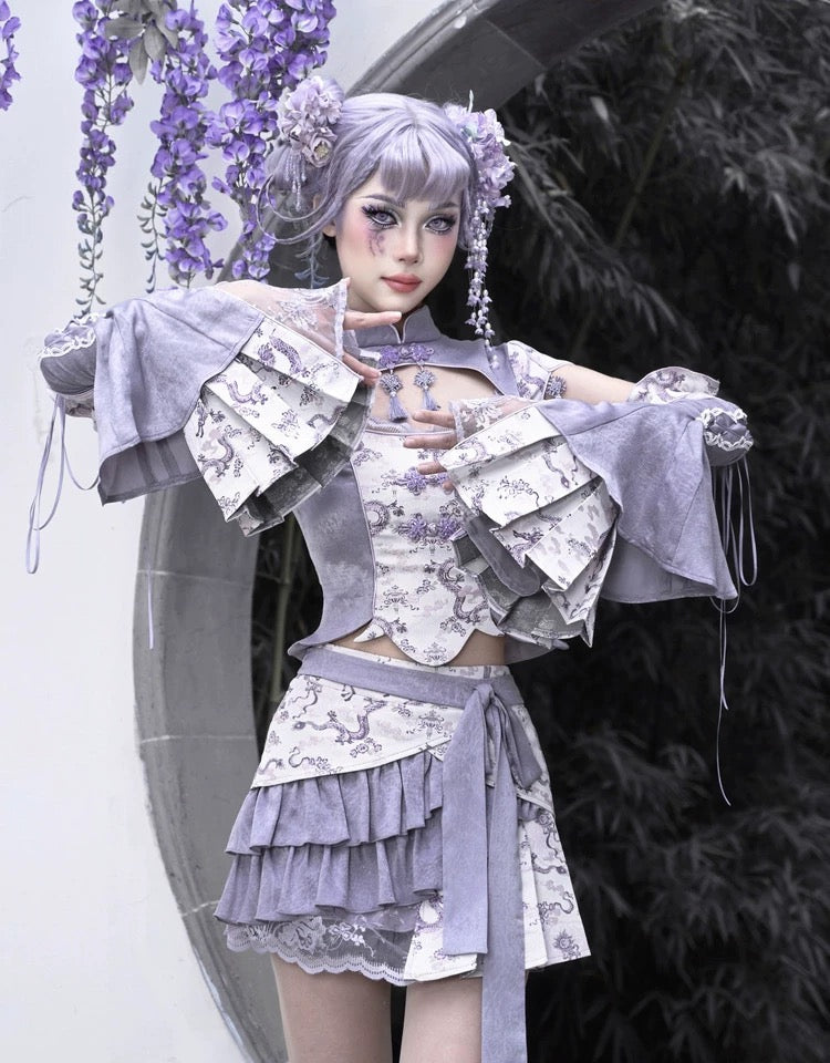 Get trendy with [Blood Supply] Dragon In Wisteria Japanese Princess Sleeves - Crop Top available at Peiliee Shop. Grab yours for $36 today!