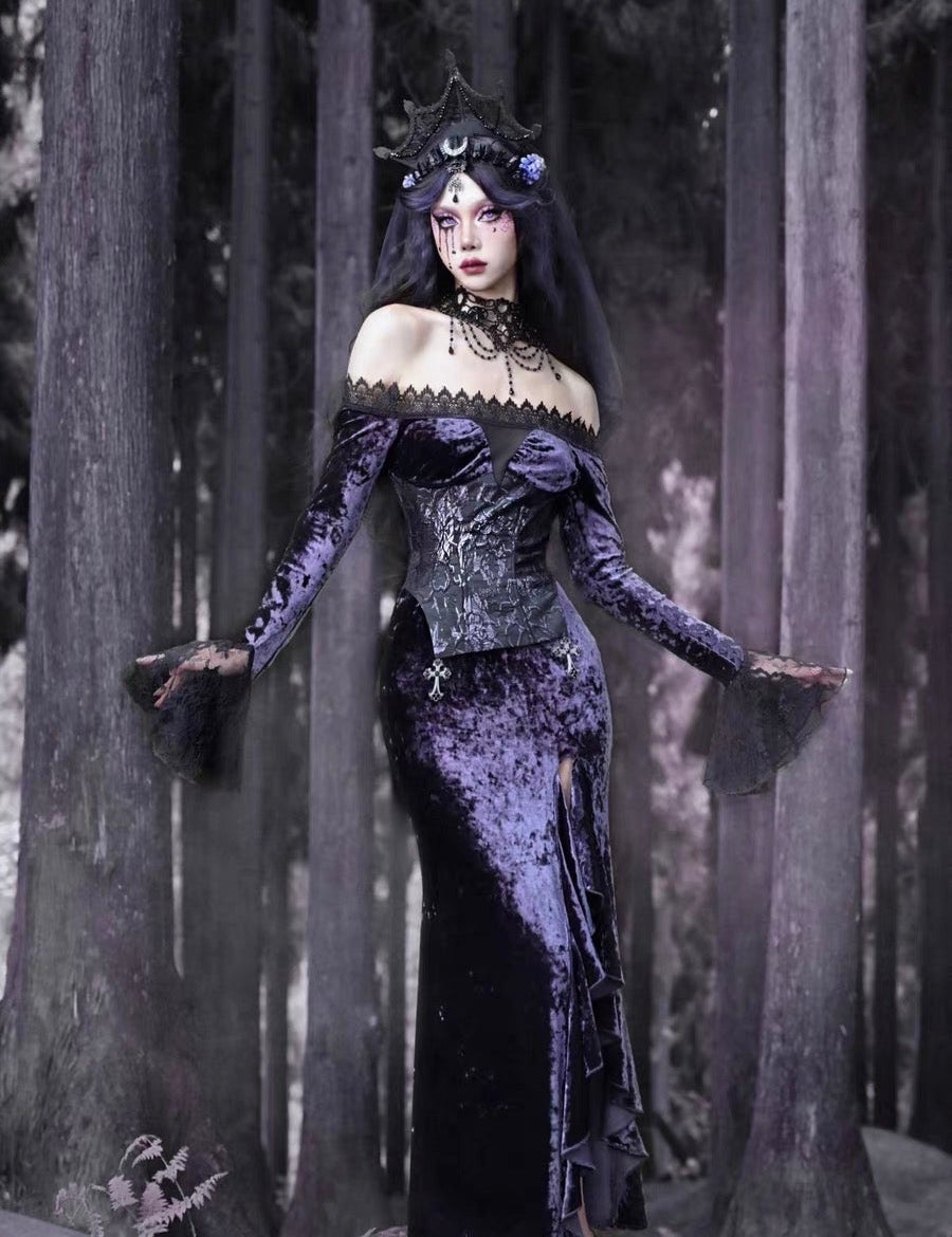 Get trendy with [Blood Supply]Moon Goddess Off-Shoulder Velvet Halloween Long Dress - Clothing available at Peiliee Shop. Grab yours for $56 today!