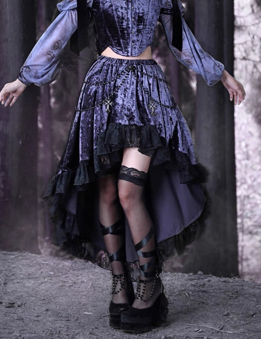 Get trendy with [Blood Supply] Moon Goddess Velvet Trailing Lace Skirt - Clothing available at Peiliee Shop. Grab yours for $41 today!