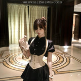 SheepKiss Miss Coco Black Satin Shirt and Skirt Set