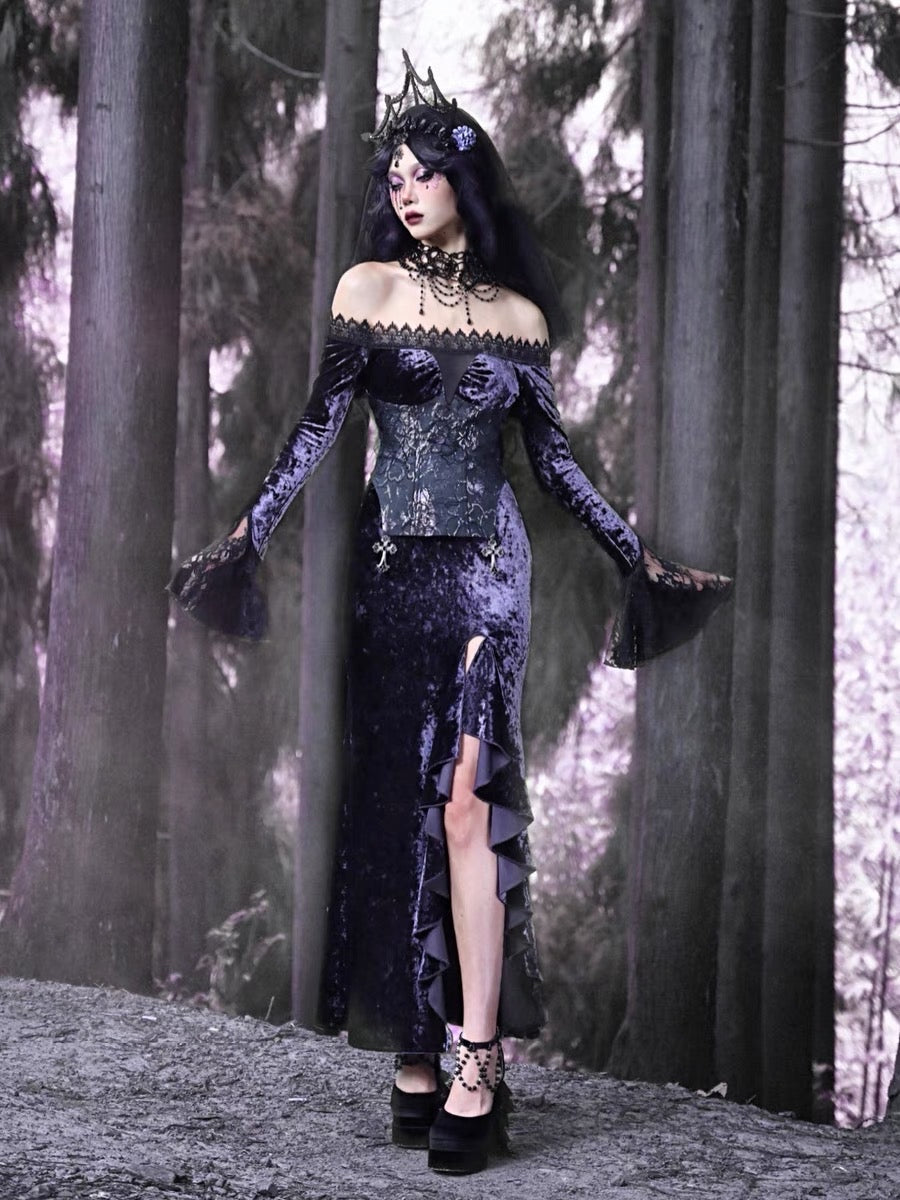 Get trendy with [Blood Supply]Moon Goddess Off-Shoulder Velvet Halloween Long Dress - Clothing available at Peiliee Shop. Grab yours for $56 today!
