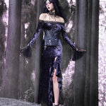 Get trendy with [Blood Supply]Moon Goddess Off-Shoulder Velvet Halloween Long Dress - Clothing available at Peiliee Shop. Grab yours for $56 today!