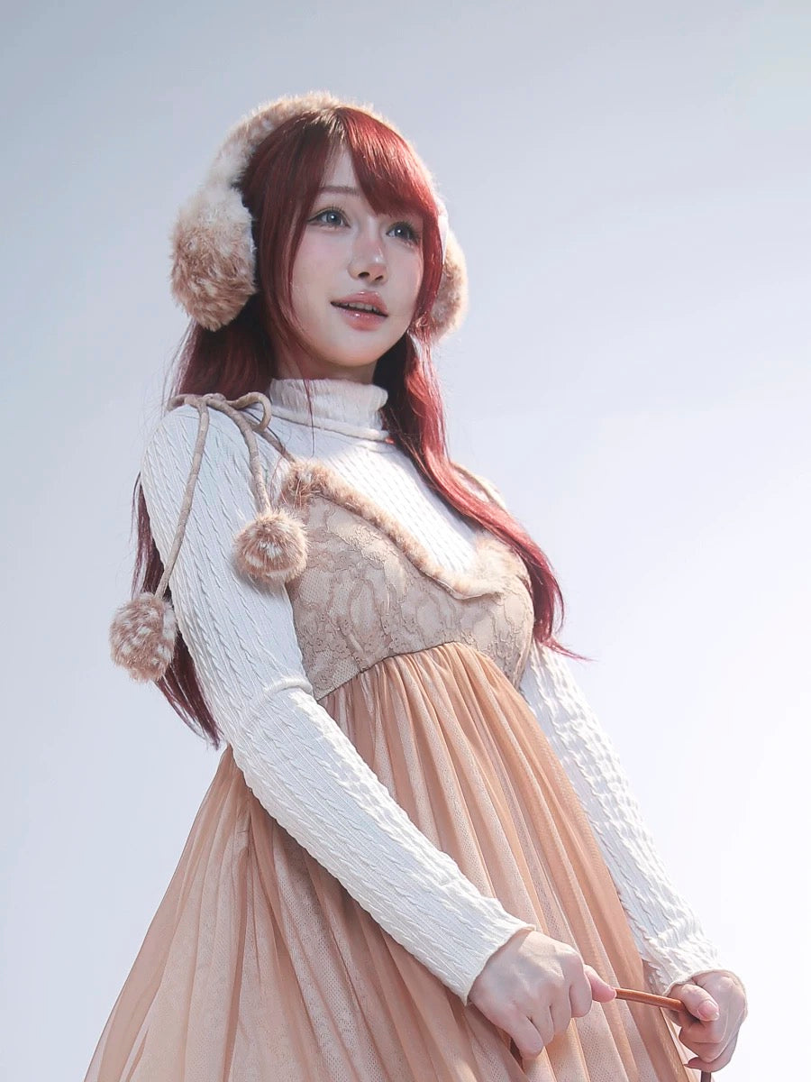 Rose Island Fairy Spirit Little Deer in flower field faux fur earmuffs ear warmer wear it on model from bottom view