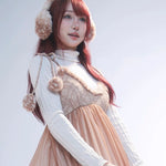 Rose Island Fairy Spirit Little Deer in flower field faux fur earmuffs ear warmer wear it on model from bottom view